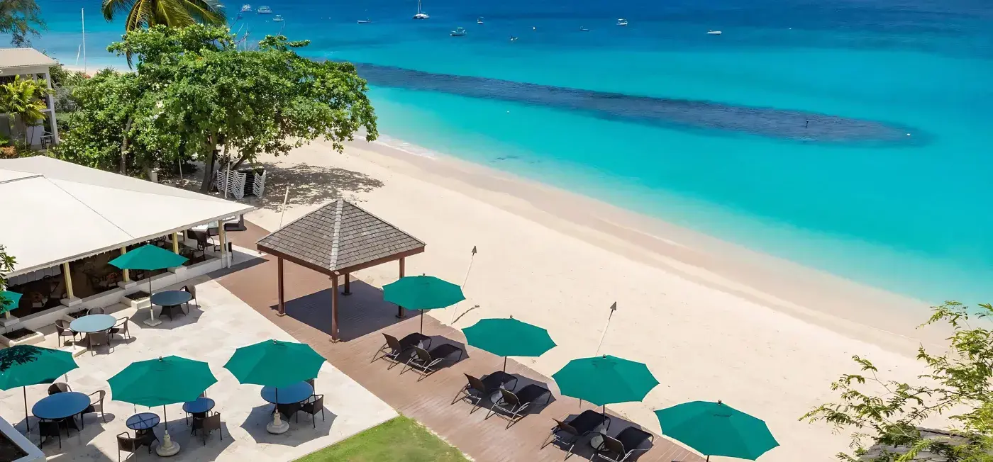 Beach Front view of Mango Bay Hotel Barbados, Caribbean